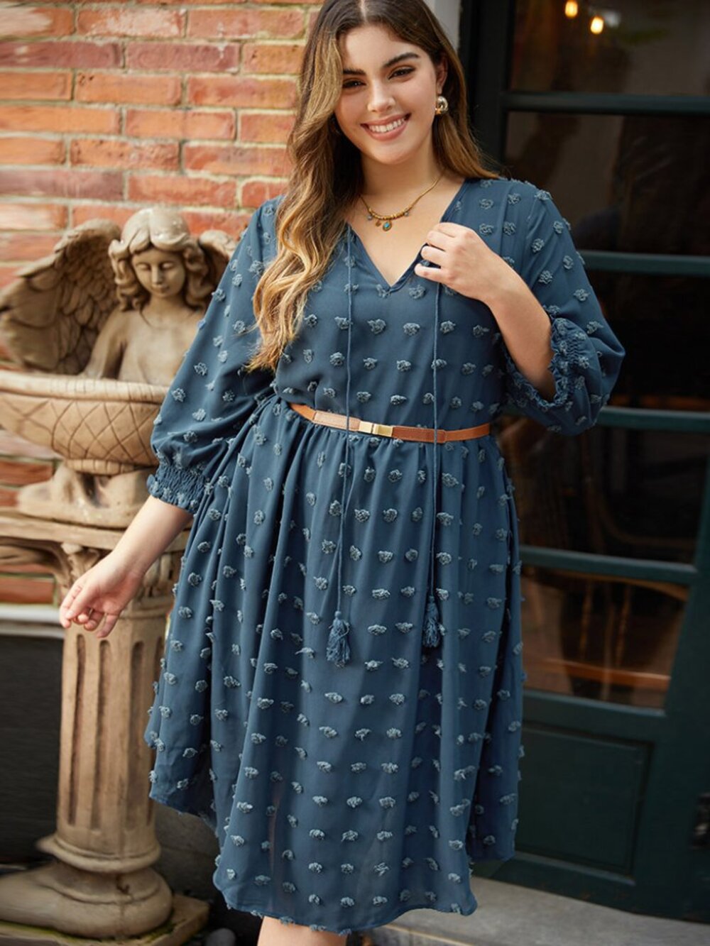 Polka Dot Tassels Ties Shirred Cuffs Pocket Dress